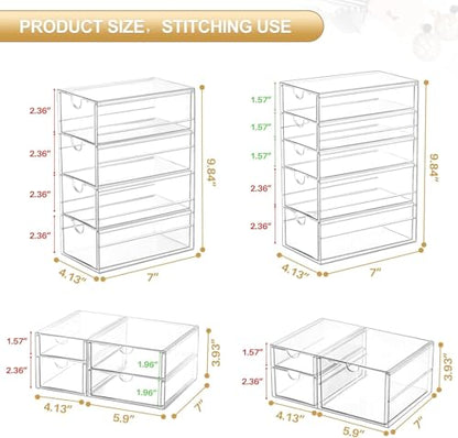 4-Pack Acrylic 16-Drawer Storage & Makeup Organizer for Desk | Smooth-glide drawers, clear acrylic, stackable, dustproof, wipe clean, for office supplies, pens, jewelry, makeup - size: 16 Drawers