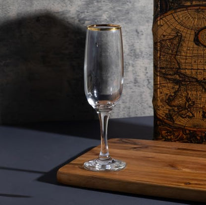Elegant Flute Stemware, 8 Ounce - Set of 12, Champagne Glass with Gold Rim - Crystal Clear Drinking Glass for Red Wine, Cocktails and Other Beverages - For Home and Bar