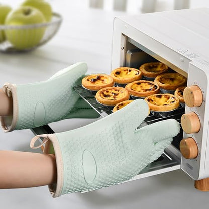 1 Pair Oven Mitts, Heat Resistant Protective Oven Gloves, Cotton Lined Silicone Kitchen Mitts Pair, Nonslip Silicone Cooking Gloves with Fingers (Mint Green) - color: Mint Green