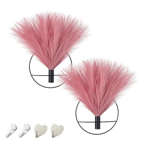 Pretty Jolly Boho Pampas Wall Decor Black Metal Wall-Mounted Art | Morden Artificial Greenery Display，2 Pack Hanging Planter For Living Room, Bedroom, Bathroom, Dining room - color: 21-pampas-DarkPink - Black Ring, size: S 7.8inch (Black Ring)