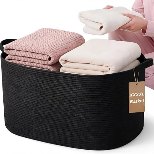XXXXL 125L Extra Large Woven Blanket Basket, 25" x 18" x 17" Jumbo Cotton Rope Storage Basket with Handles Toy Storage Bins for Laundry Hamper Nursery Organizer Living Room Home(Black) - color: Black