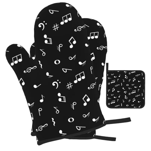 Music Notes Oven Mitts and Pot Holders Sets of 3 Black Hot Pads Musicial Oven Gloves Heat Resistant Non Slip Washable for Kitchen Cooking Grilling Baking - color: Music Notes