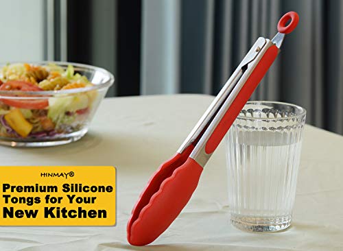 HINMAY Silicone Cooking Tongs 9-Inch Serving Tongs, Set of 3 (Red) - color: Red