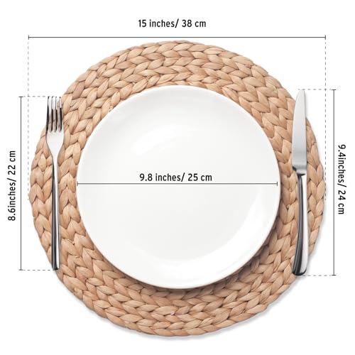 6 Pack, Round Woven Placemats, Natural Water Hyacinth Place mats, Braided Straw Table Mats for Dining Table, Christmas Placemats Set of 6 (15 inch) - size: 15 inch (Set of 6)
