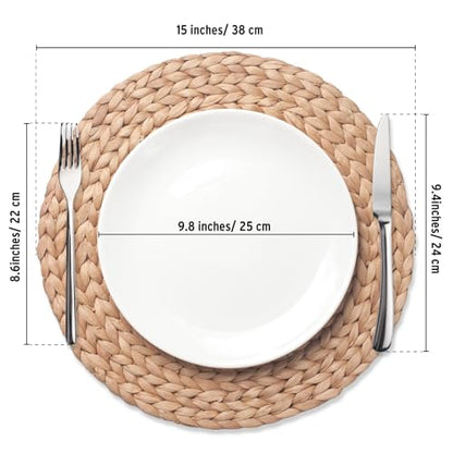 6 Pack, Round Woven Placemats, Natural Water Hyacinth Place mats, Braided Straw Table Mats for Dining Table, Christmas Placemats Set of 6 (15 inch) - size: 15 inch (Set of 6)