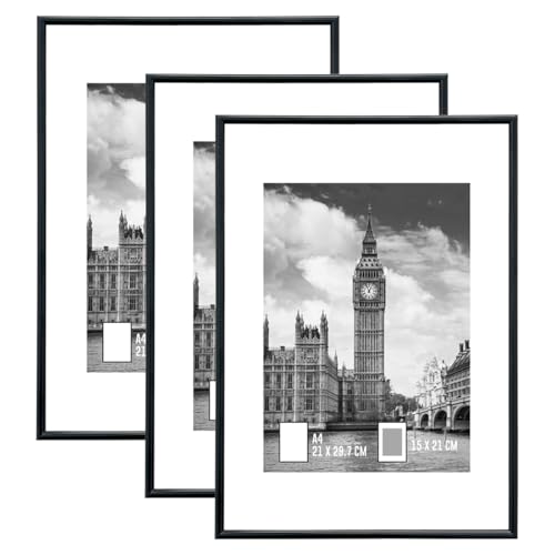 GOmaize Front Loading Aluminum alloy Black Picture Frame A4 Set of 3 Wall and Table Mounting - color: Black, size: A4