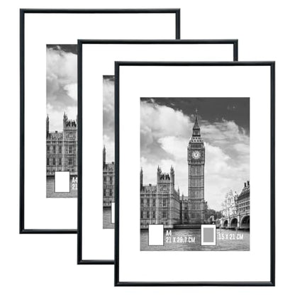 GOmaize Front Loading Aluminum alloy Black Picture Frame A4 Set of 3 Wall and Table Mounting - color: Black, size: A4
