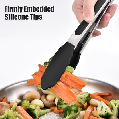 Doosu 7+9+12in Kitchen Tongs for Cooking - 600°F Heat Resistant Food Tongs with Non-Scratch Silicone Tips & 600°F Heat Resistant Silicone Spatula Set of 2 for Kitchen Cooking Baking Stirring (Black)