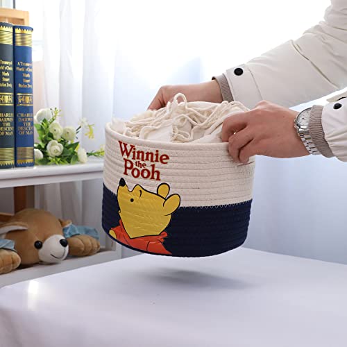 YAHUAN Small Cotton Rope Basket with Bear-Patterned Cotton Rope Storage Basket Collapsible Blanket Basket with Handles(blue white)