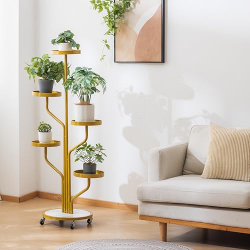 CHPHI 5 Tier Indoor Plant Stand Wrought Iron, Tall Metal Plant Stand with Wheels, Metal Rolling Plant Shelf with 5 Trays, Multi-tier Rolling Display Stand for Home and Office(Gold)