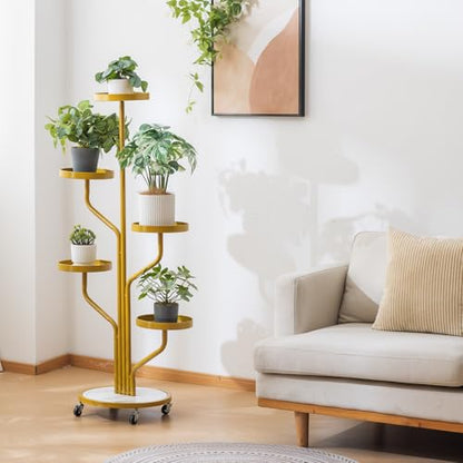 CHPHI 5 Tier Indoor Plant Stand Wrought Iron, Tall Metal Plant Stand with Wheels, Metal Rolling Plant Shelf with 5 Trays, Multi-tier Rolling Display Stand for Home and Office(Gold)