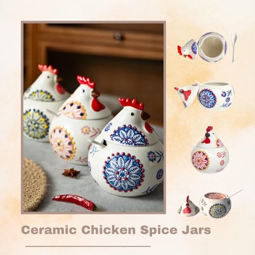 13.5 Oz Salt Cellar With Lid and Spoon (Red)- Ceramic Chicken Spice Jars for Salt, Sugar, Pepper - Spice Containers for Countertop - color: Red