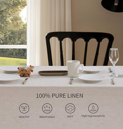 100% French Flax Linen Tablecloths Scalloped Embroidery Rectangle 84Lx60W Inch for Dinners, Parties, Spring, Machine Washable, 6-8 Sets, Linen(Edges-Green) - color: Linen(edges-green), size: 84" x 60" (Rectangular)