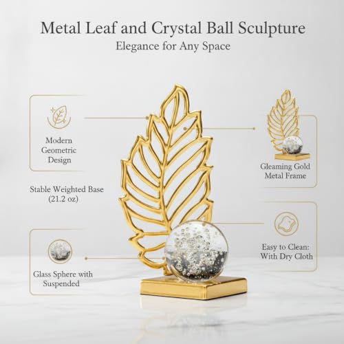 for Shelf, Desk, or Console Table Display: Modern Geometric Metal Leaf and Crystal Ball Sculpture Accent (1 PC) - size: 3.27 x 3.27 x 6.3 in