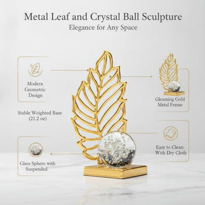 for Shelf, Desk, or Console Table Display: Modern Geometric Metal Leaf and Crystal Ball Sculpture Accent (1 PC) - size: 3.27 x 3.27 x 6.3 in