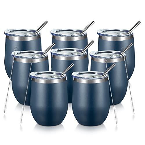 COMOOO 12oz Stainless Steel Wine Tumbler with Lid and Straw Double Wall Vacuum Insulated Wine Tumbler Cup Stemless for Hot and Cold Drinks, Coffee, Wine, Cocktails Navy, 8 Pack - color: Navy