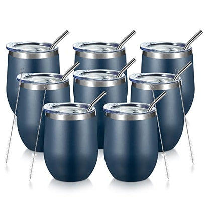 COMOOO 12oz Stainless Steel Wine Tumbler with Lid and Straw Double Wall Vacuum Insulated Wine Tumbler Cup Stemless for Hot and Cold Drinks, Coffee, Wine, Cocktails Navy, 8 Pack - color: Navy