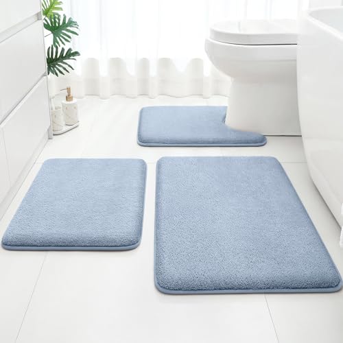 HOMEIDEAS Upgraded Bathroom Rugs Set 3 Piece, Ultra Soft Memory Foam Bath Mats, Super Absorbent Non Slip Washable U-Shaped Toilet Bath Rug (Blue, 17"x24"+20"x32"+U-Shaped 20"x24") - color: Blue