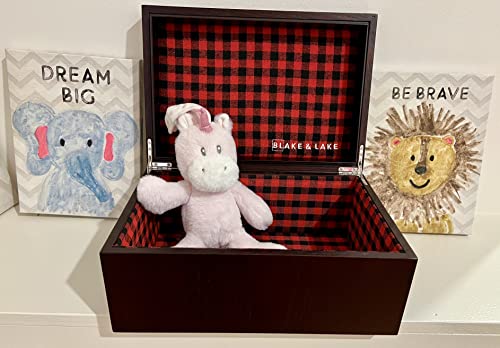 Blake & Lake Large Oak Wooden Keepsake Box - Storage Box Lined with Buffalo Plaid - Decorative Boxes for Home (Hinge Box)