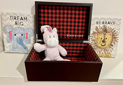 Blake & Lake Large Oak Wooden Keepsake Box - Storage Box Lined with Buffalo Plaid - Decorative Boxes for Home (Hinge Box)