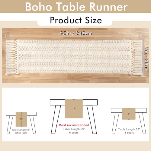 Betylifoy Boho Macrame Table Runner 94Inches Farmhouse Woven Tassels Runner | Cream Beige Rustic Burlap Table Runners Cotton Linen Coffee Table Runner for Bohemian Dining Kitchen Dresser Table Decor - size: 12x94in