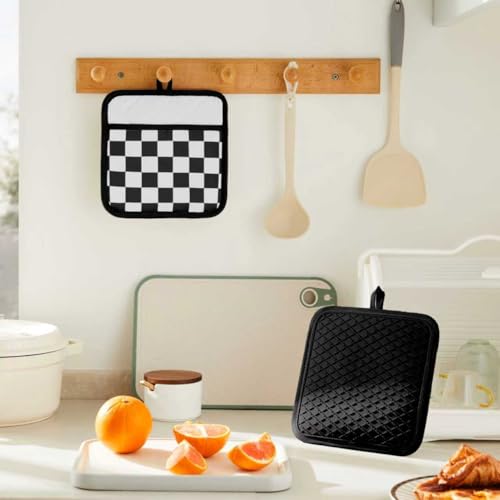 Ohocut Checkered Pot Holder, Black and White Checkerboard Potholders for Kitchen, Silicone Pot Holders with Pocket for Kitchen Clearance 2 Pack Set, Hot Pads and Oven Mitts for Cooking Baking - color: Black and White
