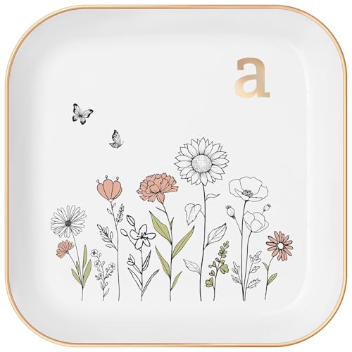 Gifts for Women – Initial Ring Dish with Floral Initial Design, Gift Boxed – Perfect Birthday Gifts for Mom, Girls, Best Friend, Bride, or Girlfriend – Mothers Day Gifts and Graduation Gift - color: Golden-a