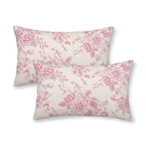 AEIOAE Chinoiserie Floral Pillow Covers 12 x 20 Inch Set of 2, Vintage Pink Flower Decorative Throw Pillow Covers Outdoor Linen Farmhouse Decor Pillowcase for Home Sofa - color: Pink Chinoiserie, size: 20" x 12" (Pack of 1)
