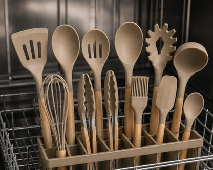 Caboh Silicone Kitchen Utensil Set 12 PCS – Heat Resistant Cooking Tools with Spatula, Serving Spoon, Tongs, Whisk & Holder, Nonstick Safe BPA-Free Kitchen Accessories Set (Khaki) - color: Khaki