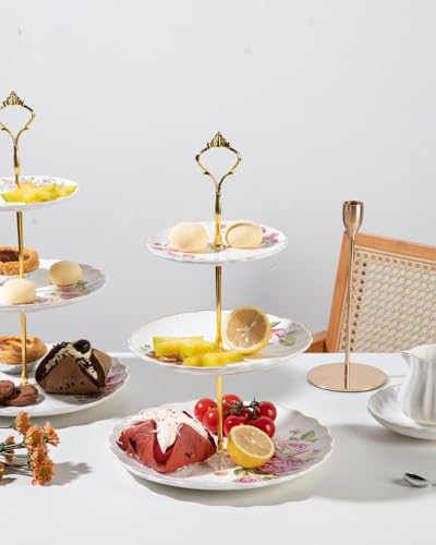 Sweejar 3 Tier Ceramic Cake Stand Wedding, Dessert Cupcake Stand for Tea Party Serving Platter (Fresh Flower) - color: Fresh Flower