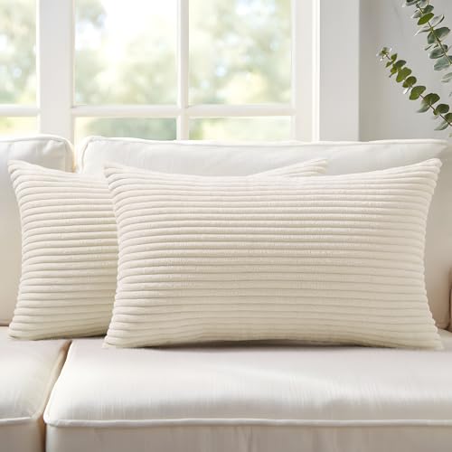Mecatny Corduroy Fall Throw Pillow Covers 12x20 Set of 2 Cream White | Soft Striped Texture, Hidden Zipper Design, Neutral Boho Lumbar Pillow Cases for Sofa Couch Living Room Bedroom, Home Décor - color: Cream White, size: 20" x 12" (Pack of 2)