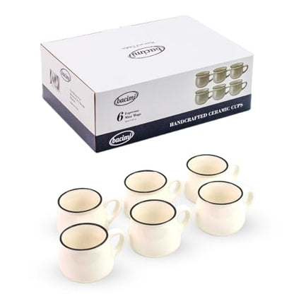 Bacimi® Mini Ceramic Espresso Coffee Mugs (Set of 6 / 3oz 90ML) - Small Drinking Cups - Dishwasher & Microwave Safe - Diner Style Modern Mugs for Coffee, Tea, Cocoa, Milk & Latte - White