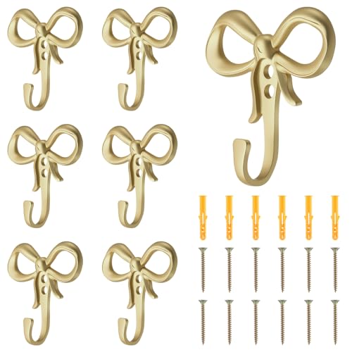 6 Pack Small Bow Wall Hook Bow Knot Hooks for Wall 2.36'' Decorative Coat Holder Metal Bowknot Door Hanger for Hats Bags Tie Bath Towels Coats
