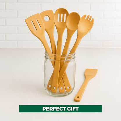 Freshware Bamboo Wooden Utensils Set for Kitchen, 6-Piece, Wooden Spoons for Cooking, Cooking Utensils Set Includes Wood Spoons and Spatula, Utensil Sets for Kitchen Essentials