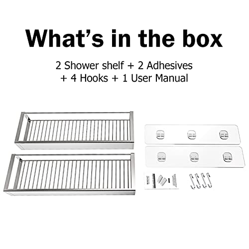 Bathroom Adhesive Shower Caddy Basket Shelf with Hooks, No Drilling Removable Bathroom Shelf Organizer,Stainless Steel Rustproof Shower Rack for Shampoo Storage, Sponge Holder-Silver - color: Silver