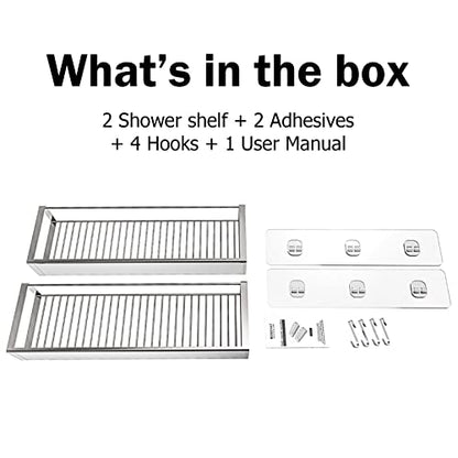 Bathroom Adhesive Shower Caddy Basket Shelf with Hooks, No Drilling Removable Bathroom Shelf Organizer,Stainless Steel Rustproof Shower Rack for Shampoo Storage, Sponge Holder-Silver - color: Silver