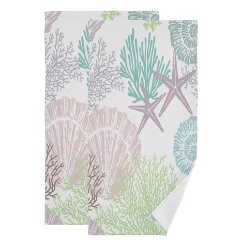 Pink Sage Green Coastal Starfish Hand Towels for Bathroom Set of 2,Absorbent Seashell Coral Beach Themed Kitchen Towels 14"x28",Decorative Bathroom Towels for Bath,Face,Guest,Hair,Shower - color: Pink Green