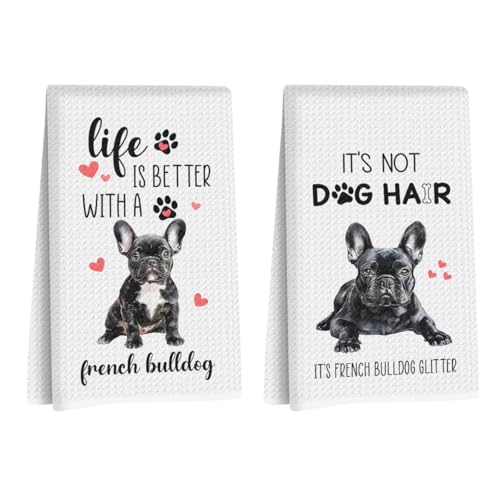 French Bulldog Dish Towels Set - Funny Bulldog Gift Reusable Dish Towel | Waffle Weave Kitchen Towel, Decorative Hand Tea Towels for Kitchen Bathroom, Dog Mom Lovers Owner Gift 14x24 Inches Set of 2 - color: French Bulldog