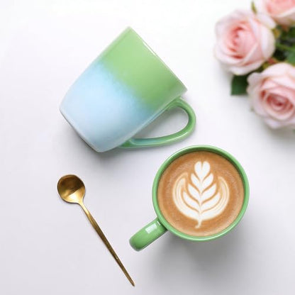 MONITO 17oz Ceramic Coffee Mugs Set of 6, Green Gradient Mugs with Handle | Mugs with Gold Rim for Latte,Tea&Cocoa,Dishwasher&Microwave Safe,Reactive Glaze Cups,Ideal Gift for Office and Home Use - color: White-green(14oz)
