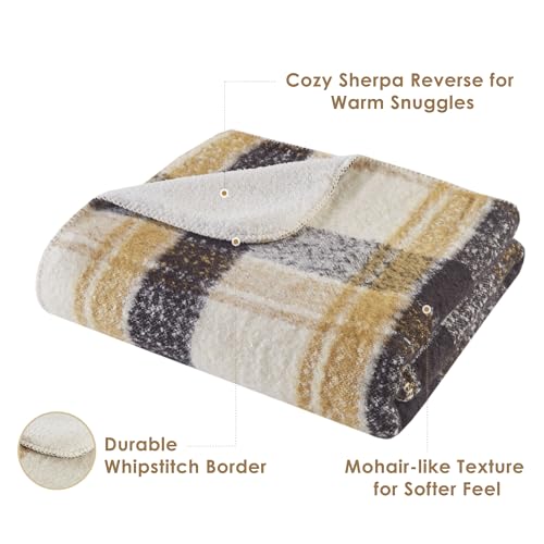 Woolrich Sherpa Whipstitch Throw Blanket 50x60 Plaid Tan Soft Couch | Lightweight comfort for layering, Sofa ready accent for lodge rooms, Fringe edge adds texture, Easy care, OEKO-TEX certified - color: Tan