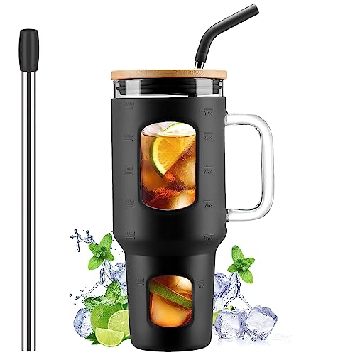 WINSA Glass Tumbler with Straw and Lid, 40 oz, Black | Iced Coffee Cup with Handle, Glass Water Bottles with Time Marker, Silicone Sleeve - color: Black, size: 40 Ounces