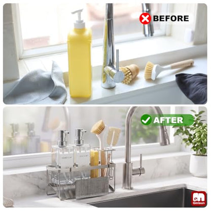 GMISUN Kitchen Soap Dispenser, 12 Fl oz/350ml Clear Dish Soap Dispenser with Silver Sponge Holder, Customized Glass Dish Soap Dispensers for Kitchen, Modern Hand and Dish Soap Dispensers Set Removable - color: Clear Bottle + Silver Rack