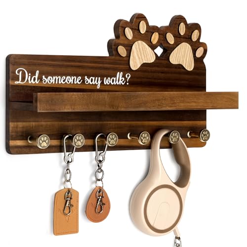 MTERSN Acacia Wood Dog Leash Holder for Wall with Wall Shelf, Dark Brown | 3D Dog Paw Key Holder, Wooden Wall Rack with 6 Key Hooks, Dog Leash Organizer, Rustic Entryway Decor, Perfect Dog Lovers Gift - color: Dark Acacia