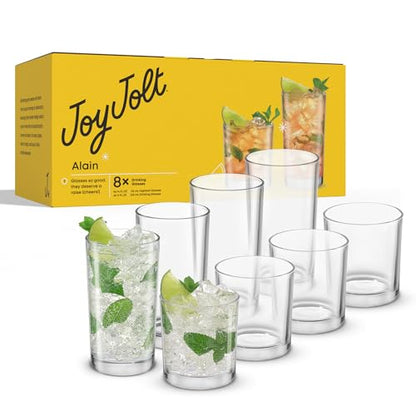 JoyJolt Alain Drinking Glasses Set of 8 Glass Tumblers. Highball 14oz Bar Glasses and Lowball 10oz Rocks Glasses Set. Cocktail, Juice, Whiskey Glasses or Water Glasses. Kitchen or Bar Glassware Set - style: Clear Glasses