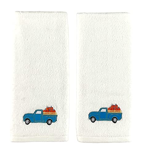 Harvest Farmhouse Fall Hand Guest Towel for Bathroom: Embroidered Plush Ivory Vintage Truck Carrying Pumpkins Design, 2 Piece Set, 100% Cotton, 16" x 25" Inches - color: Blue Truck