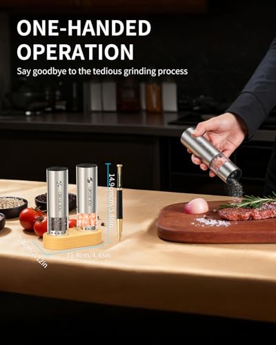 CIRCLE JOY Mini Rechargeable Salt and Pepper Grinder Set with Wooden Base, Dust Cover and External Adjustment, Stainless Steel Electric Pepper Mill Grinders for Kitchen, Outdoors and Travel, Silver - color: MINI Rechargeable Set with Wooden Base
