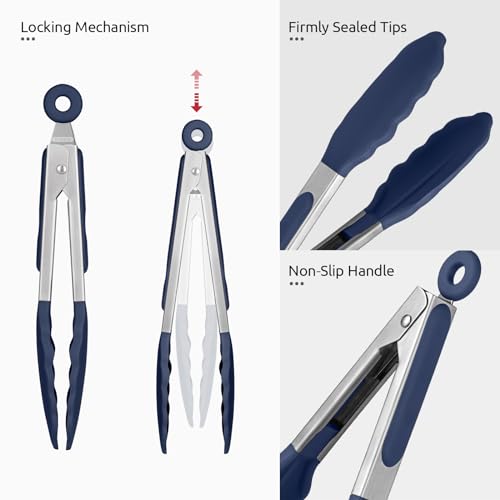 U-Taste 600ºF High Heat 7in Silicone Kitchen Tong and 600ºF Heat Resistat Spatula Spoon Flexible Silicone Cooking Scoop Spoonula (Midnight Blue)