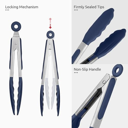 U-Taste 600ºF High Heat 7in Silicone Kitchen Tong and 600ºF Heat Resistat Spatula Spoon Flexible Silicone Cooking Scoop Spoonula (Midnight Blue)