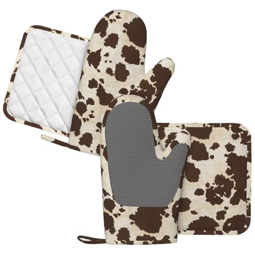 Brown Cowhide Oven Mitts and Pot Holders Sets Silicone Brown Cow Print Kitchen Mitts Cowhide Skin Pattern Potholders Heat Resistant 4Pcs Oven Gloves Hot Pads for Kitchen Baking Cooking - color: Brown Cow Print