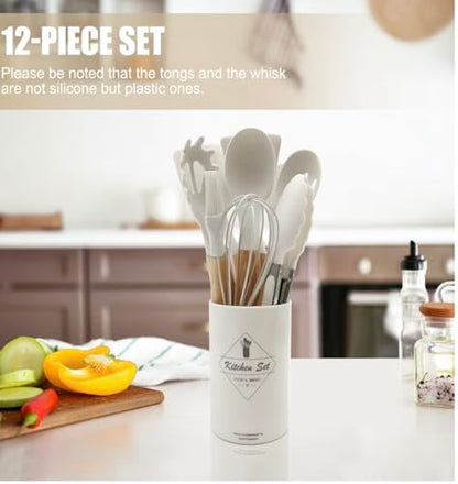 Silicone Cooking Utensils Kitchen Utensil Set - 446°F Heat Resistant Silicone Kitchen Utensils Set, Spatula,Turner Tongs, Spoon, Brush, Whisk,Kitchen Gadgets for Nonstick Cookware, BPA Free (White) - color: White